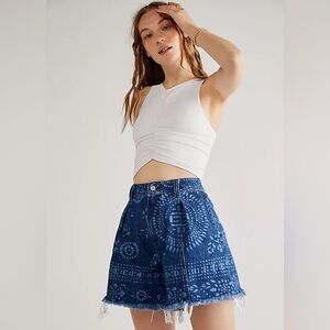We The Free Amelie A-Line Denim Indigo Printed Shorts